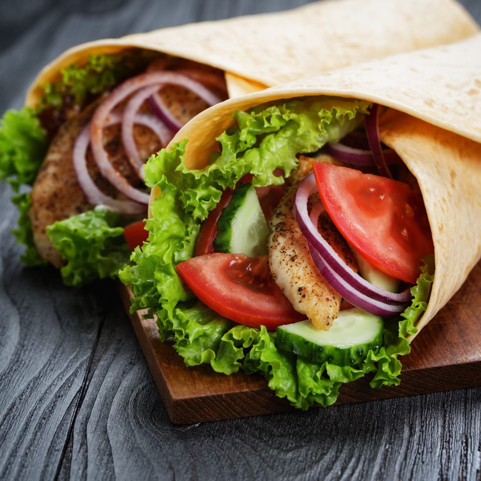 Two chicken wraps filled with lettuce, tomato, cucumber, and red onion on a wooden board.