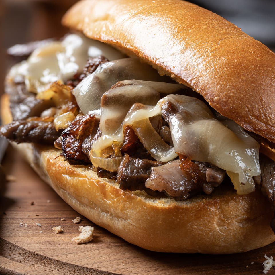 Close-up of a Speedy's Pizza cheesesteak sandwich with melted cheese, steak, and onions.